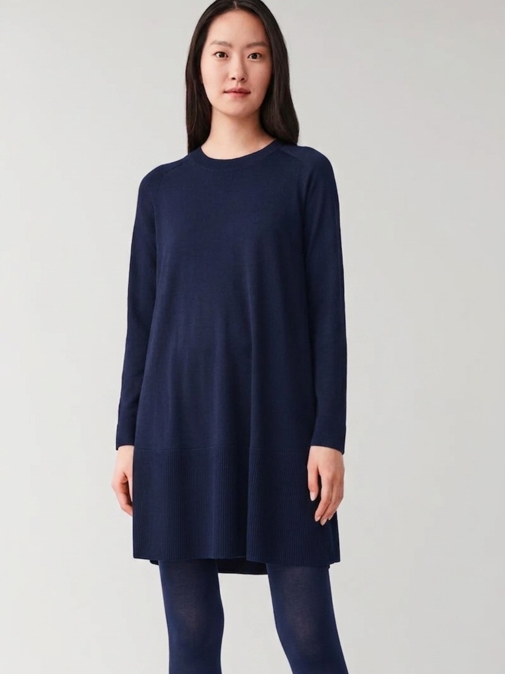 COS Sz S Navy 100% Wool Knit Minimalist Sweater Dress